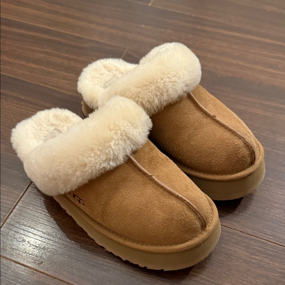 UGG Tan and Cream Shearling Slippers
